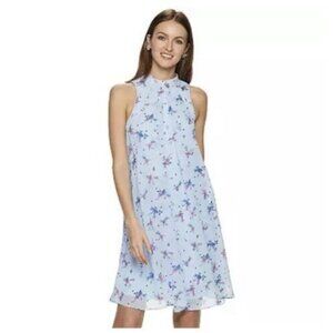 Elle Dress S Blue White Pink Key Hole Back Tie High Neck Sleeveless Summer